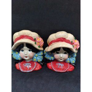 Two Vtg Enesco Japan Set of Strawberry Shortcake style Girls Head Planter vases